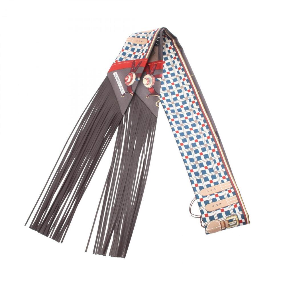 Hermes Twilly Fringe Les Voitures Nouvelles Ribbon Scarf Muffler Silk Leather...